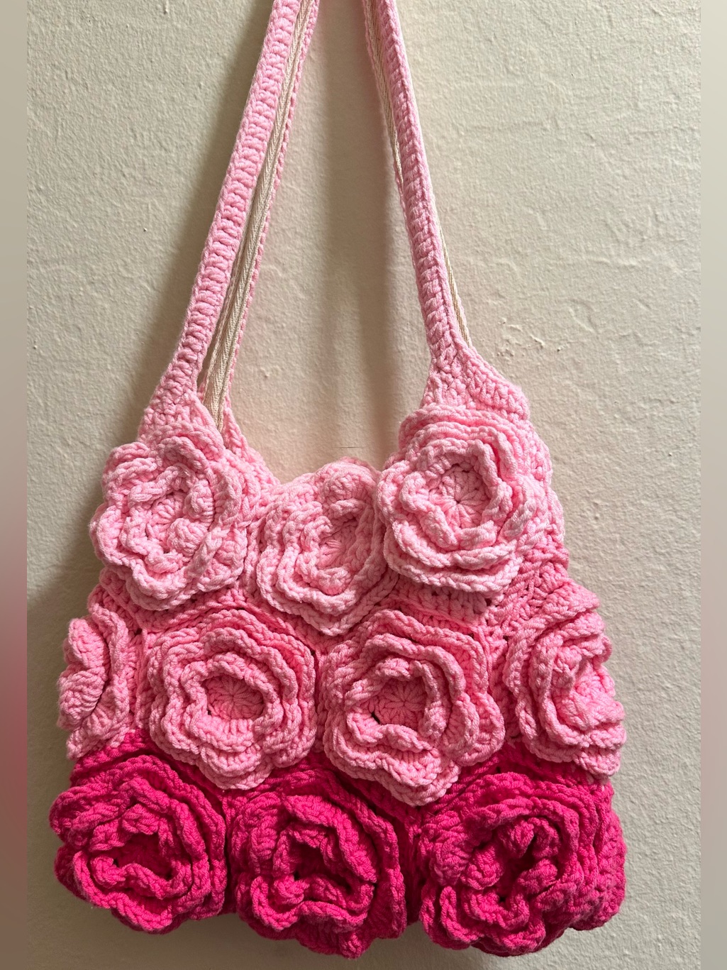 Handmade Pink Floral Crochet Tote Bag - Pink Ombre